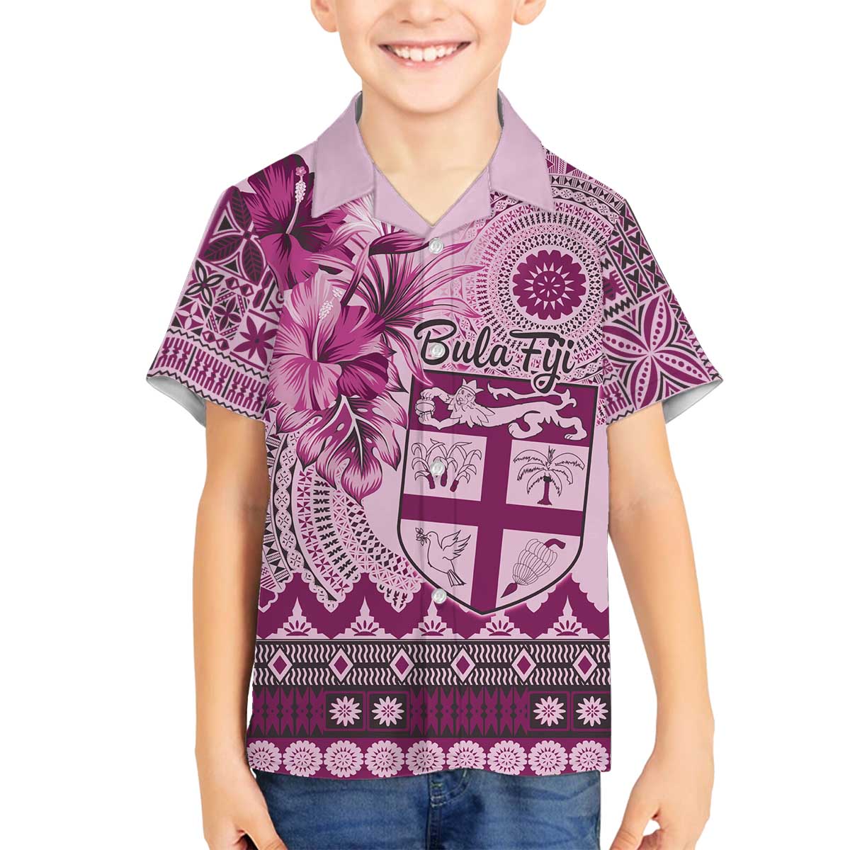 Vintage Bula Fiji Personalised Family Matching Off Shoulder Short Dress and Hawaiian Shirt Pink Hibiscus Tapa Pattern