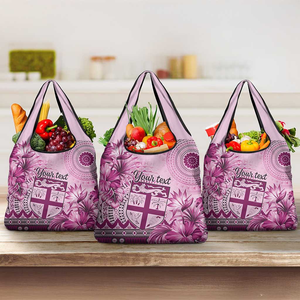 Vintage Bula Fiji Personalised Grocery Bag Pink Hibiscus Tapa Pattern LT9