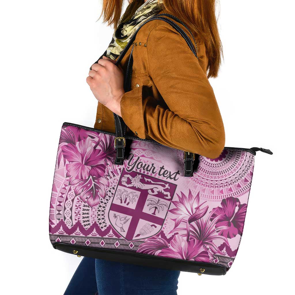 Vintage Bula Fiji Personalised Leather Tote Bag Pink Hibiscus Tapa Pattern LT9
