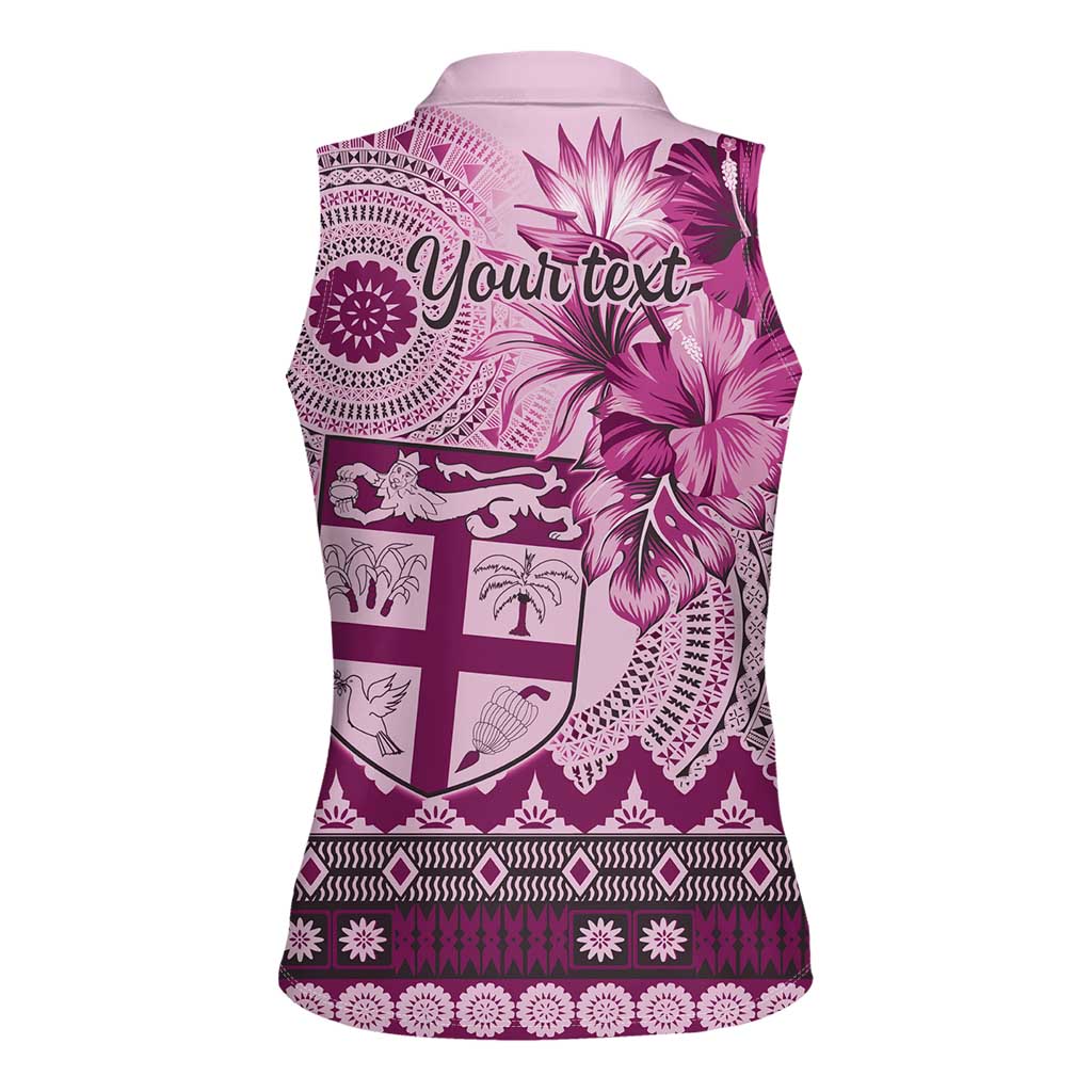 Vintage Bula Fiji Personalised Women Sleeveless Polo Shirt Pink Hibiscus Tapa Pattern