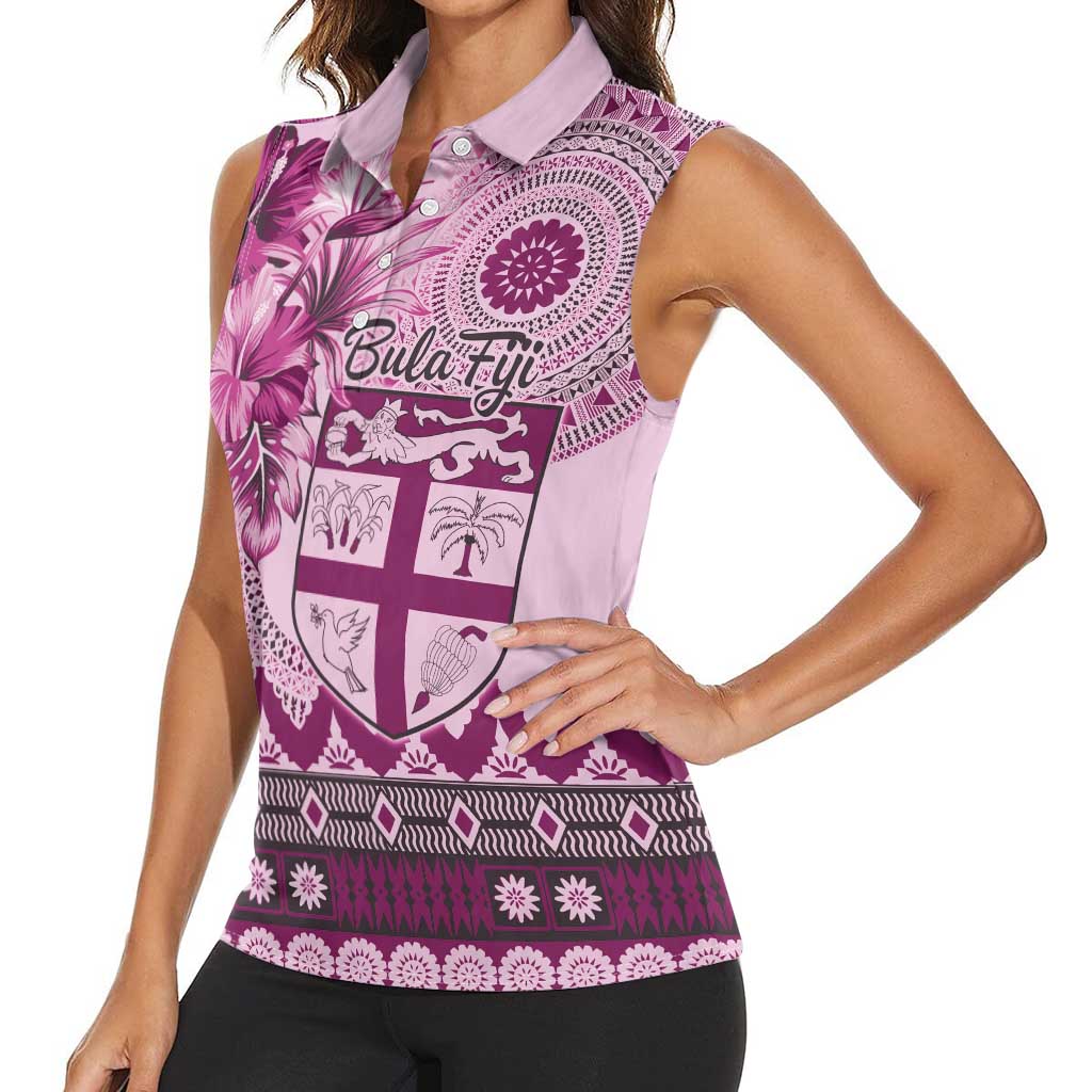 Vintage Bula Fiji Personalised Women Sleeveless Polo Shirt Pink Hibiscus Tapa Pattern