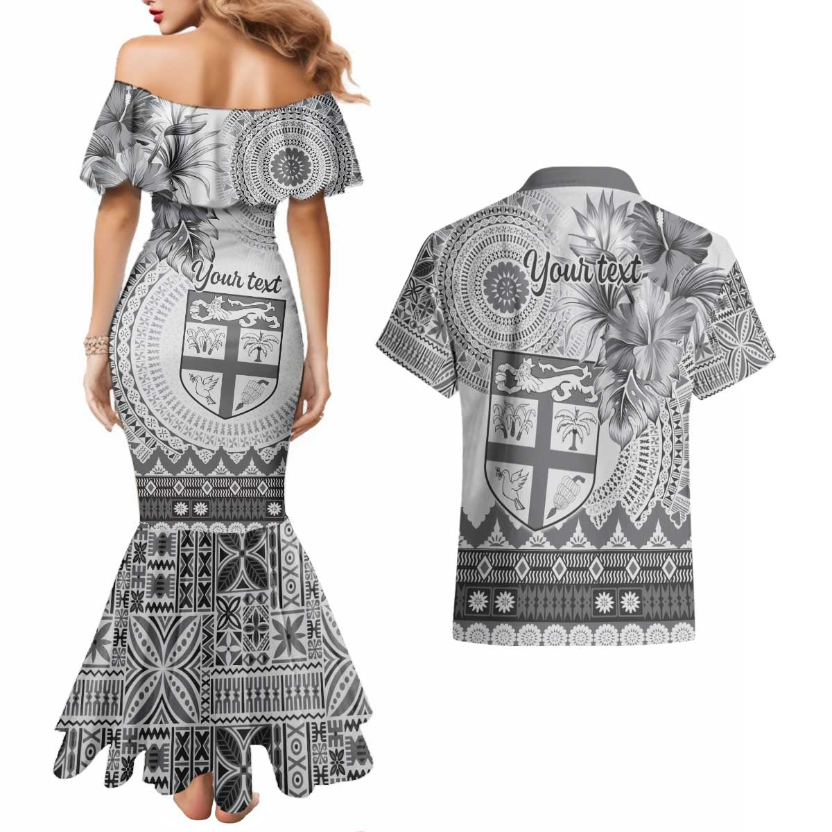 Vintage Bula Fiji Personalised Couples Matching Mermaid Dress and Hawaiian Shirt Beige Hibiscus Tapa Pattern