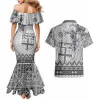 Vintage Bula Fiji Personalised Couples Matching Mermaid Dress and Hawaiian Shirt Beige Hibiscus Tapa Pattern