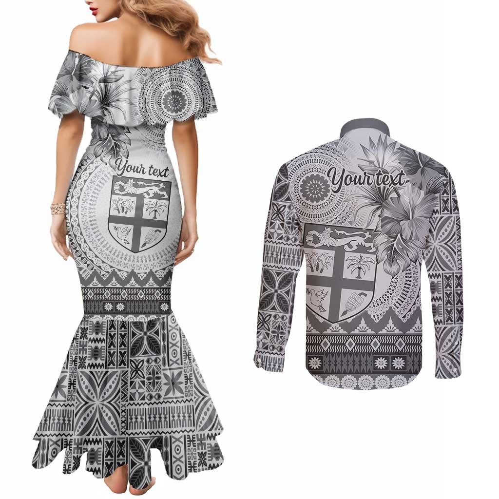 Vintage Bula Fiji Personalised Couples Matching Mermaid Dress and Long Sleeve Button Shirt Beige Hibiscus Tapa Pattern