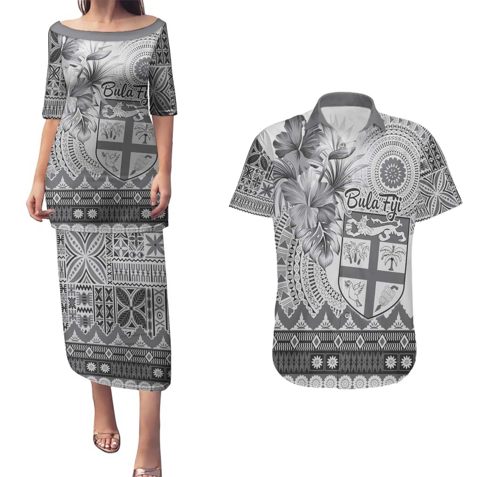 Vintage Bula Fiji Personalised Couples Matching Puletasi and Hawaiian Shirt Beige Hibiscus Tapa Pattern