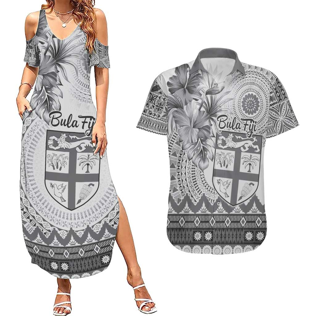 Vintage Bula Fiji Personalised Couples Matching Summer Maxi Dress and Hawaiian Shirt Beige Hibiscus Tapa Pattern