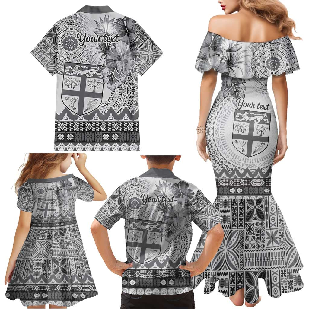 Vintage Bula Fiji Personalised Family Matching Mermaid Dress and Hawaiian Shirt Beige Hibiscus Tapa Pattern