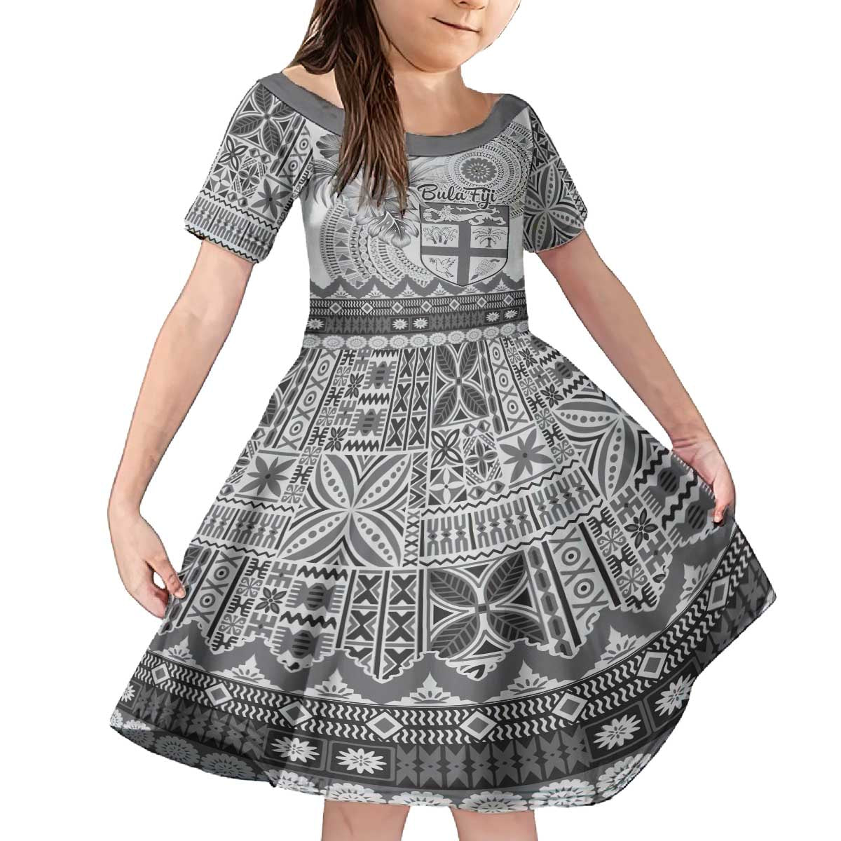 Vintage Bula Fiji Personalised Family Matching Puletasi and Hawaiian Shirt Beige Hibiscus Tapa Pattern LT9 Daughter's Dress White - Polynesian Pride