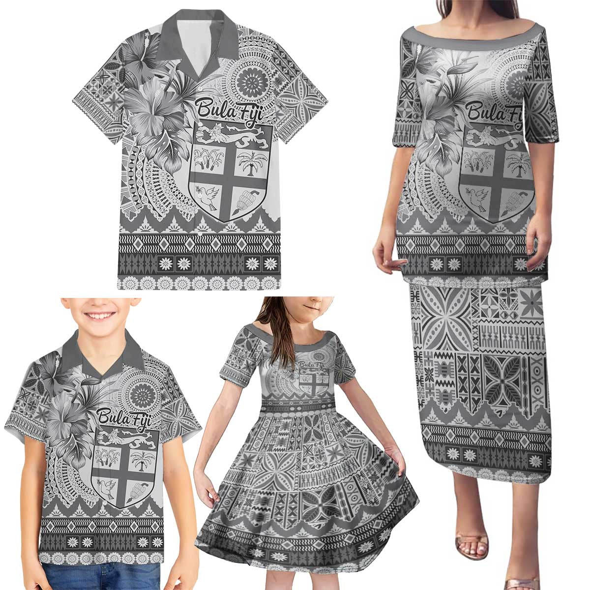 Vintage Bula Fiji Personalised Family Matching Puletasi and Hawaiian Shirt Beige Hibiscus Tapa Pattern LT9 - Polynesian Pride