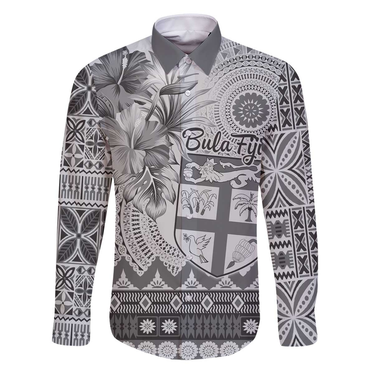 Vintage Bula Fiji Personalised Family Matching Puletasi and Hawaiian Shirt Beige Hibiscus Tapa Pattern LT9 Dad's Shirt - Long Sleeve White - Polynesian Pride