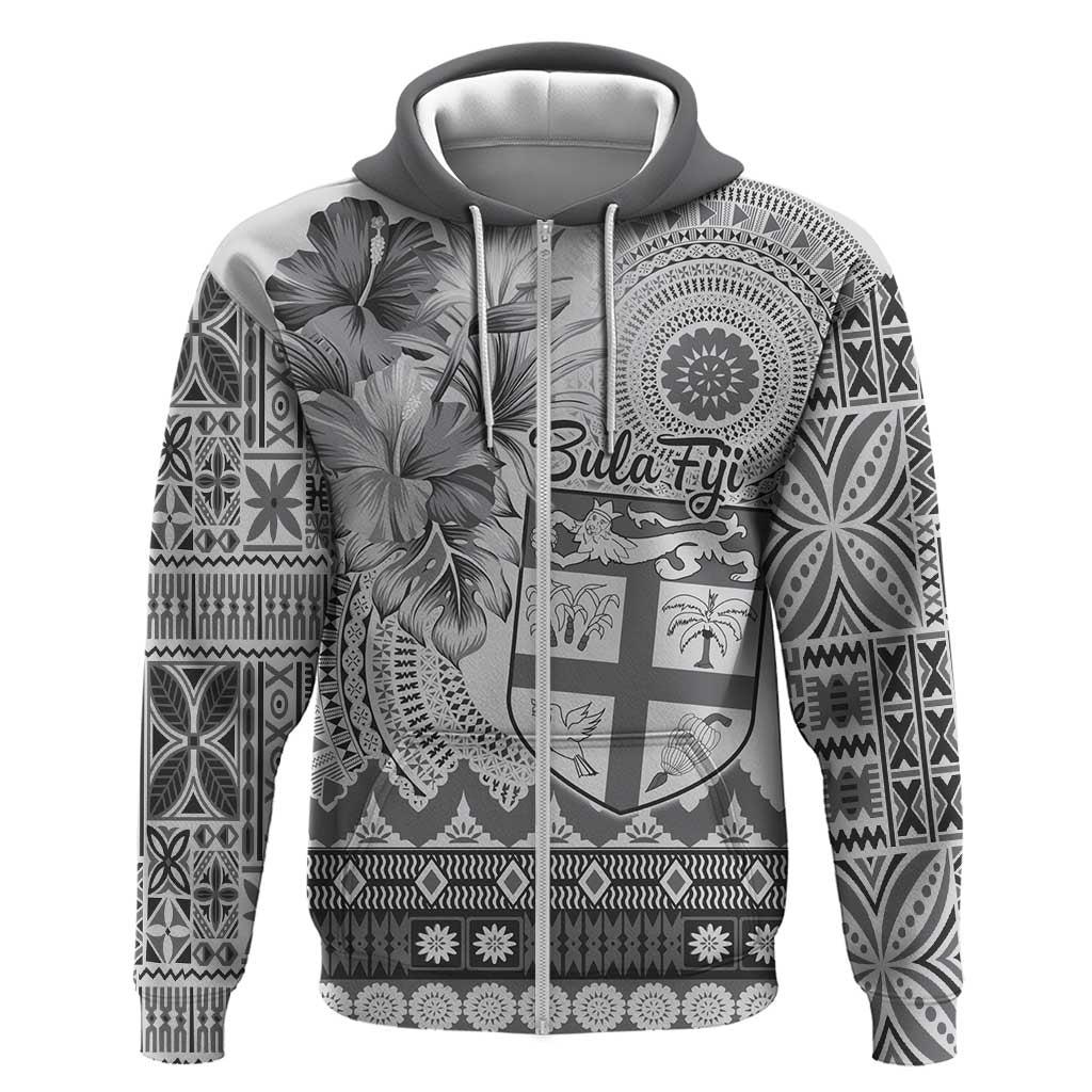Vintage Bula Fiji Personalised Zip Hoodie Beige Hibiscus Tapa Pattern