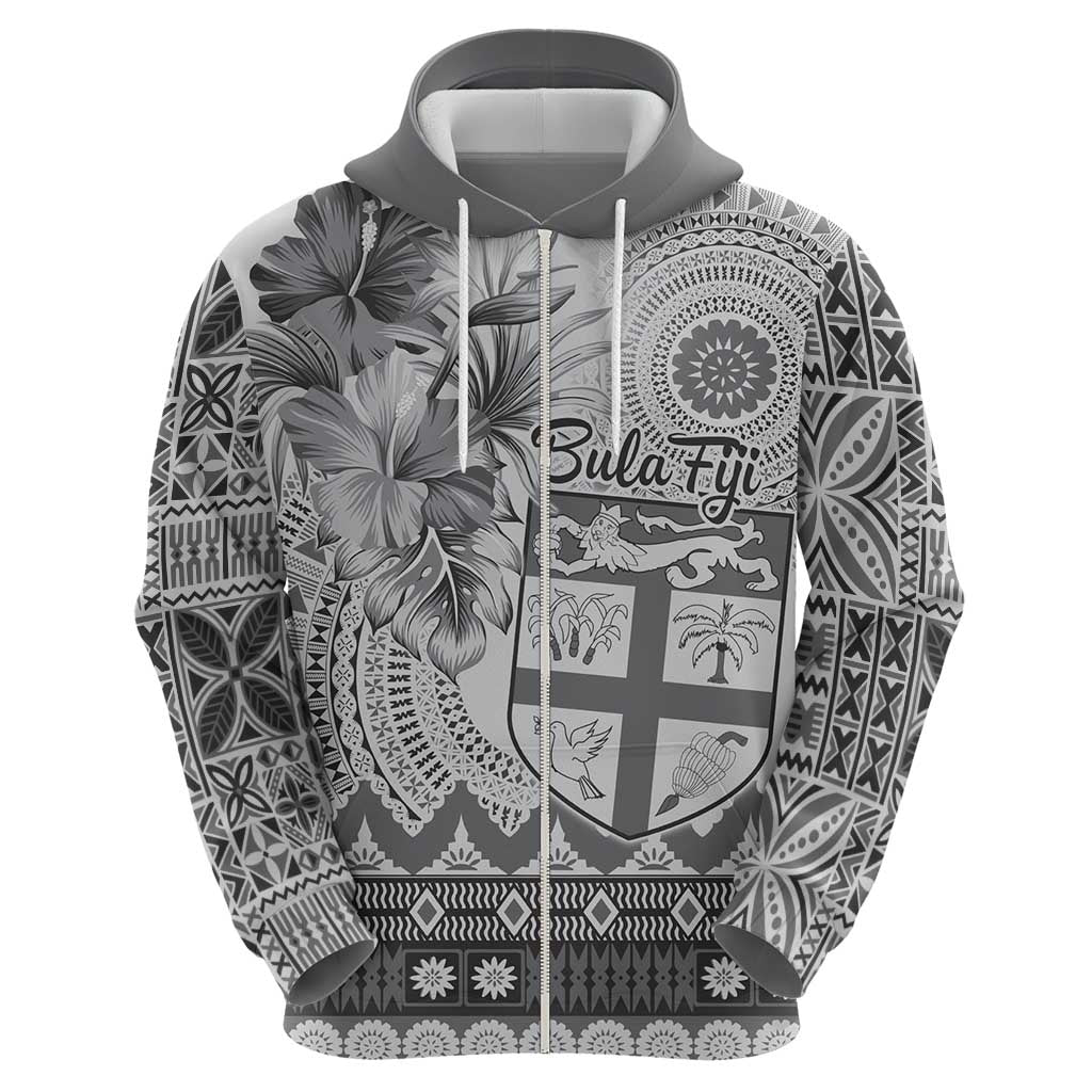 Vintage Bula Fiji Personalised Zip Hoodie Beige Hibiscus Tapa Pattern