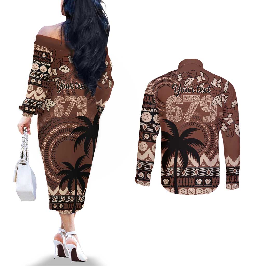 Personalised Bula Fiji 679 Couples Matching Off The Shoulder Long Sleeve Dress and Long Sleeve Button Shirt Fijian Tagimoucia Masi Tapa Art