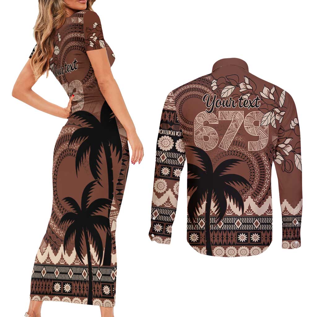 Personalised Bula Fiji 679 Couples Matching Short Sleeve Bodycon Dress and Long Sleeve Button Shirt Fijian Tagimoucia Masi Tapa Art