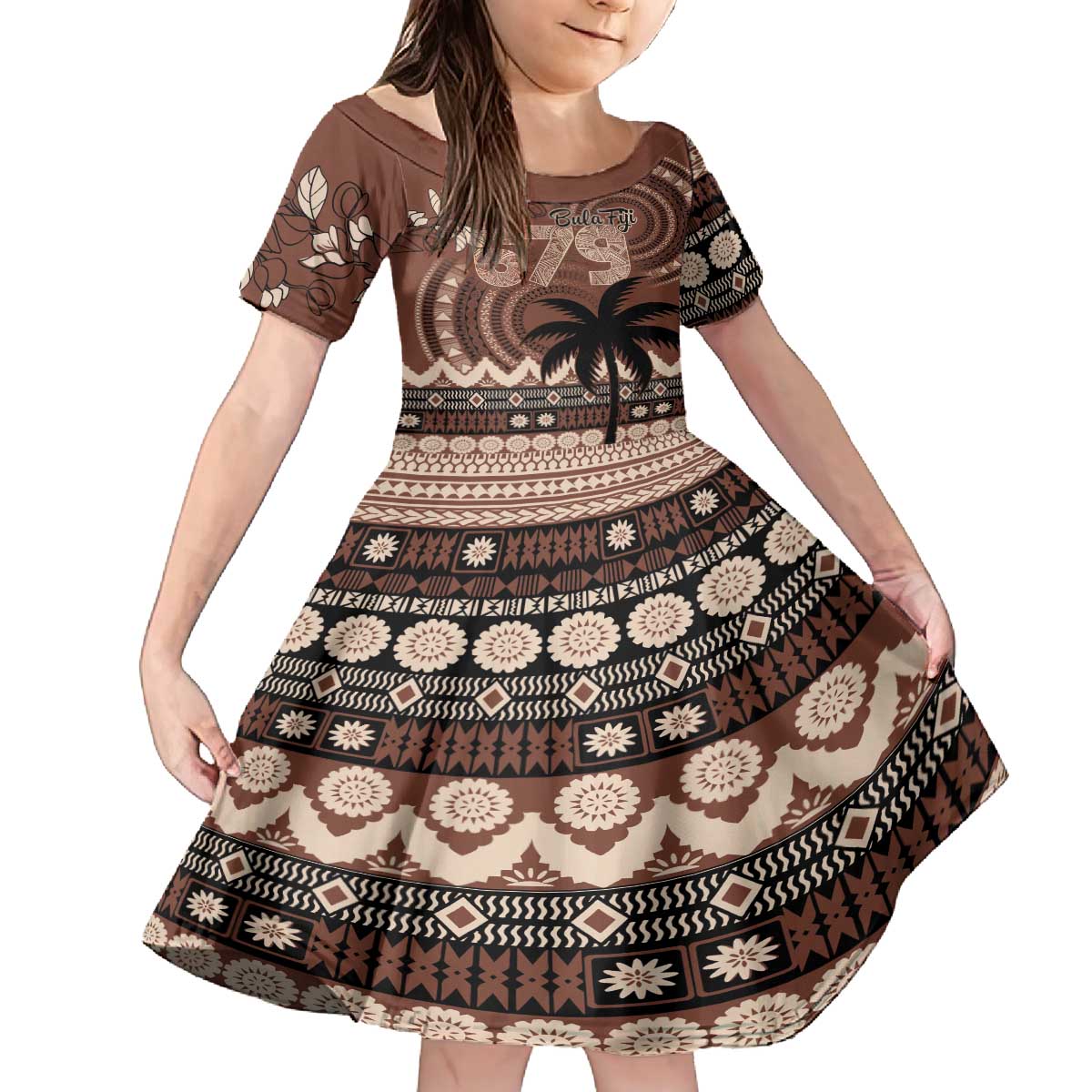 Personalised Bula Fiji 679 Family Matching Puletasi and Hawaiian Shirt Fijian Tagimoucia Masi Tapa Art LT9 Daughter's Dress Brown - Polynesian Pride