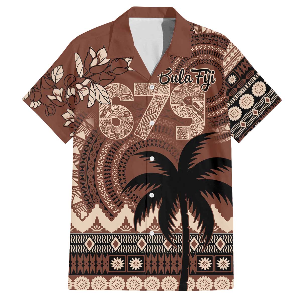 Personalised Bula Fiji 679 Family Matching Puletasi and Hawaiian Shirt Fijian Tagimoucia Masi Tapa Art LT9 Dad's Shirt - Short Sleeve Brown - Polynesian Pride
