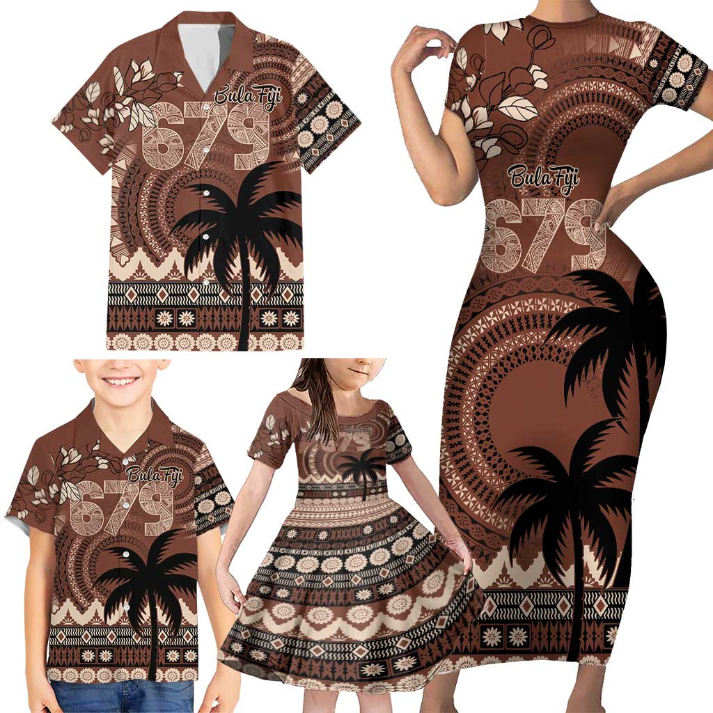 Personalised Bula Fiji 679 Family Matching Short Sleeve Bodycon Dress and Hawaiian Shirt Fijian Tagimoucia Masi Tapa Art LT9 - Polynesian Pride