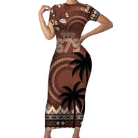 Personalised Bula Fiji 679 Family Matching Short Sleeve Bodycon Dress and Hawaiian Shirt Fijian Tagimoucia Masi Tapa Art LT9 Mom's Dress Brown - Polynesian Pride