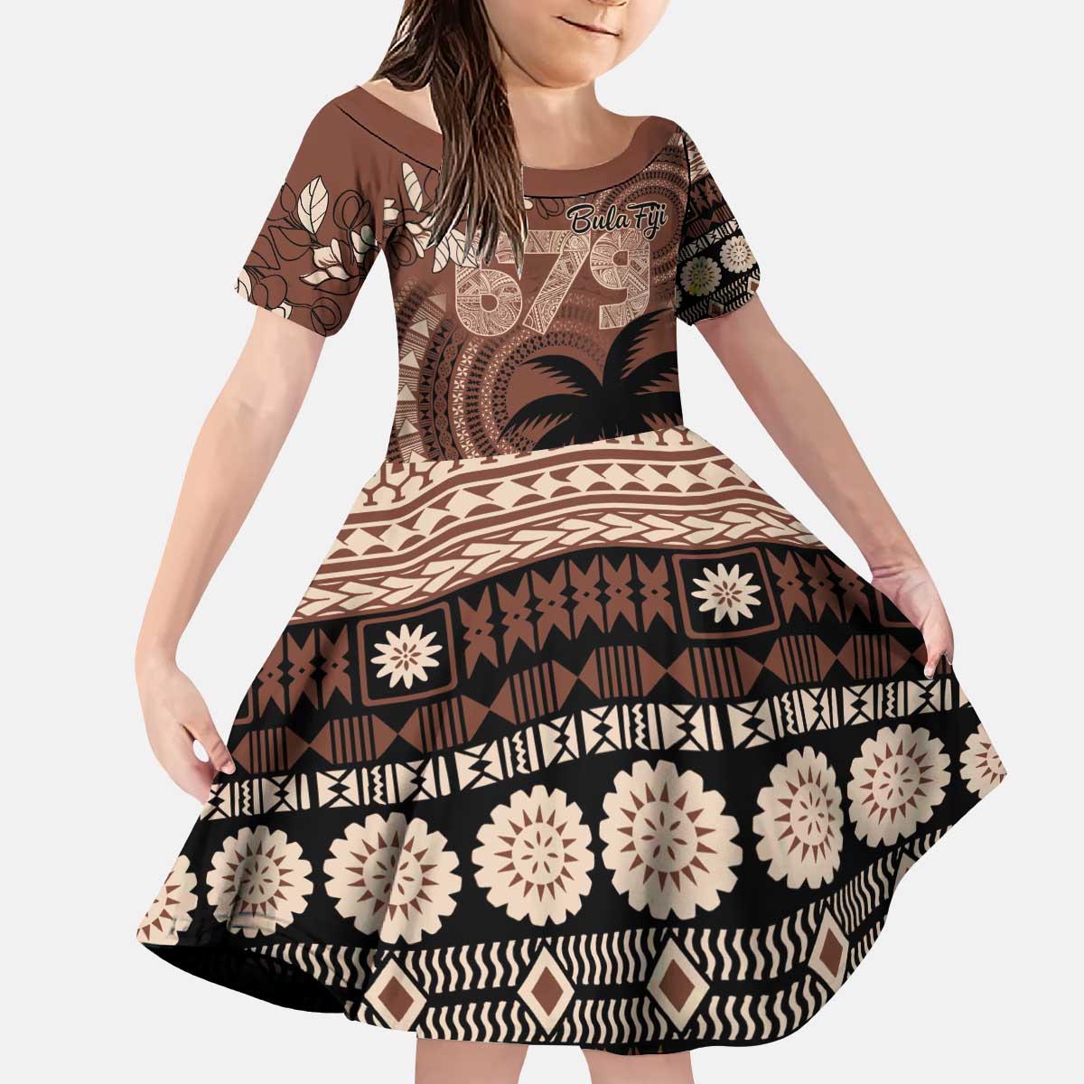 Personalised Bula Fiji 679 Kid Short Sleeve Dress Fijian Tagimoucia Masi Tapa Art LT9 KID Brown - Polynesian Pride