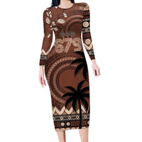 Personalised Bula Fiji 679 Long Sleeve Bodycon Dress Fijian Tagimoucia Masi Tapa Art LT9 Long Dress Brown - Polynesian Pride