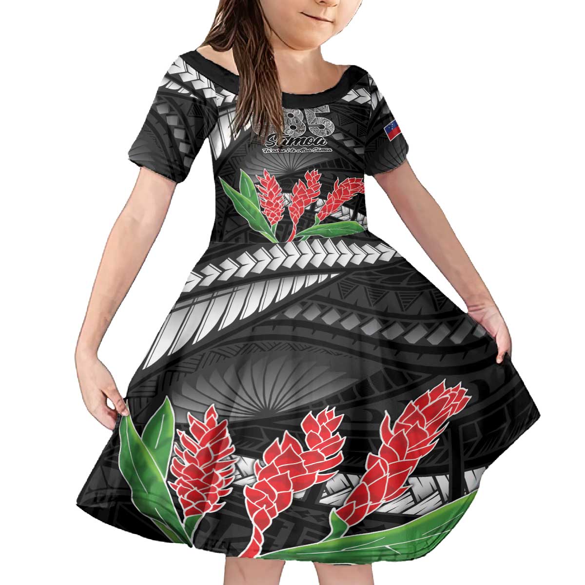 Personalised Samoa 685 Family Matching Off The Shoulder Long Sleeve Dress and Hawaiian Shirt Teuila Flower With Black Samoan Tattoo