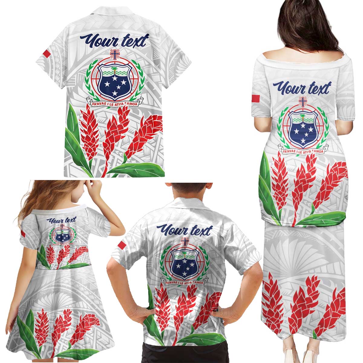 Personalised Samoa 685 Family Matching Puletasi and Hawaiian Shirt Teuila Flower With White Samoan Tattoo