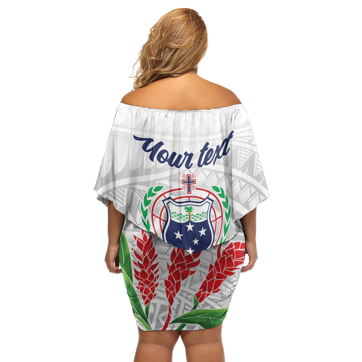 Personalised Samoa 685 Off Shoulder Short Dress Teuila Flower With White Samoan Tattoo