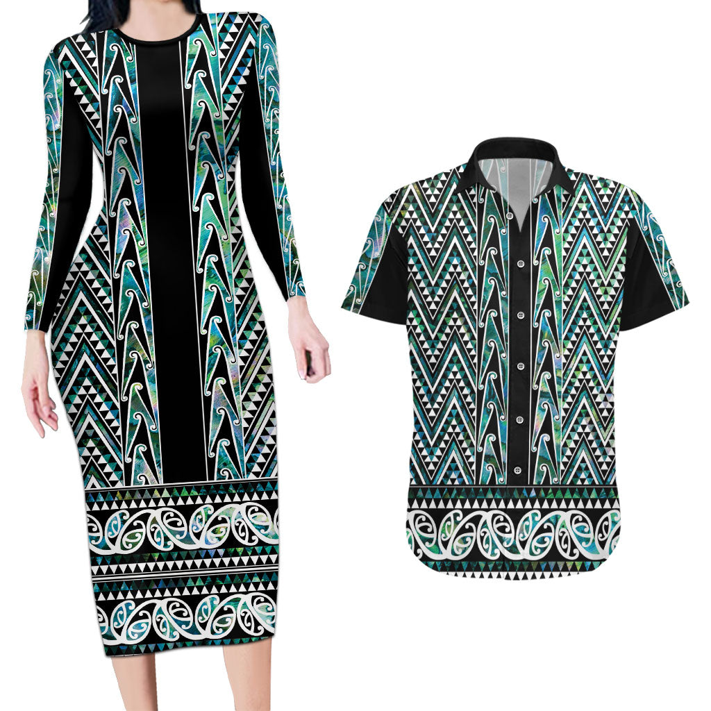New Zealand Maori Niho Taniwha Couples Matching Long Sleeve Bodycon Dress and Hawaiian Shirt Papua Shell - Mangopare Puhoro Pattern LT9 Green - Polynesian Pride