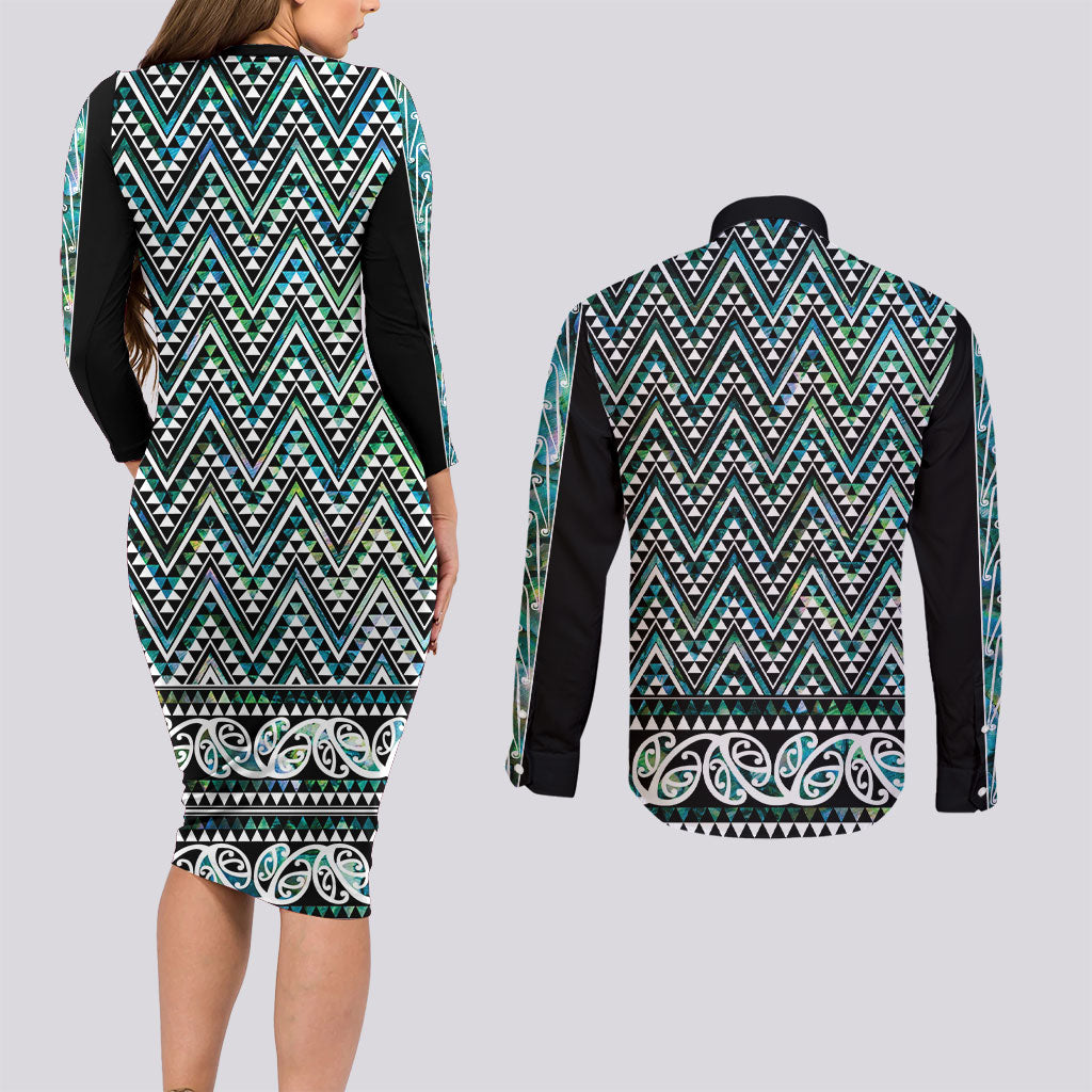 New Zealand Maori Niho Taniwha Couples Matching Long Sleeve Bodycon Dress and Long Sleeve Button Shirt Papua Shell - Mangopare Puhoro Pattern