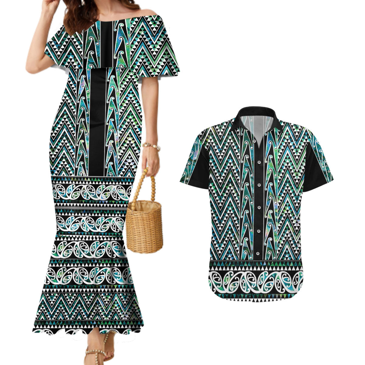 New Zealand Maori Niho Taniwha Couples Matching Mermaid Dress and Hawaiian Shirt Papua Shell - Mangopare Puhoro Pattern LT9 Green - Polynesian Pride