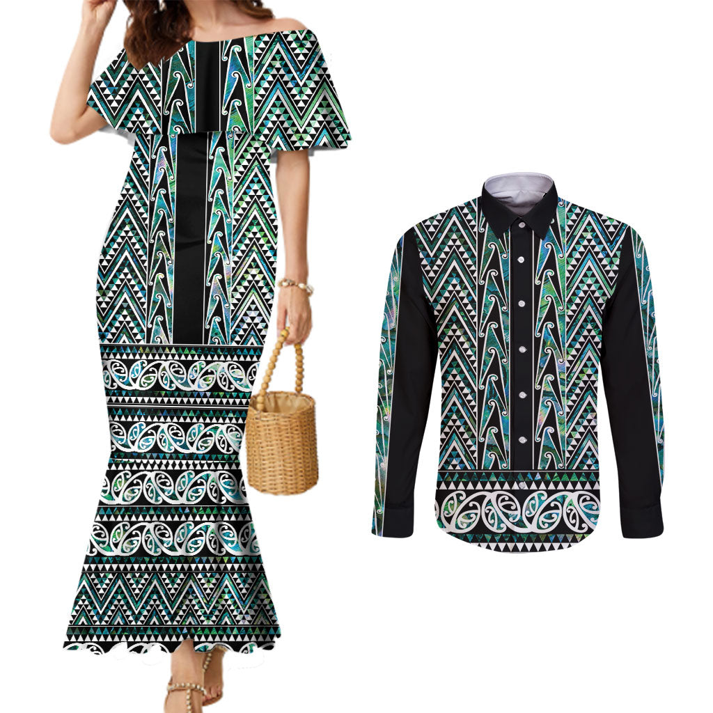New Zealand Maori Niho Taniwha Couples Matching Mermaid Dress and Long Sleeve Button Shirt Papua Shell - Mangopare Puhoro Pattern LT9 Green - Polynesian Pride