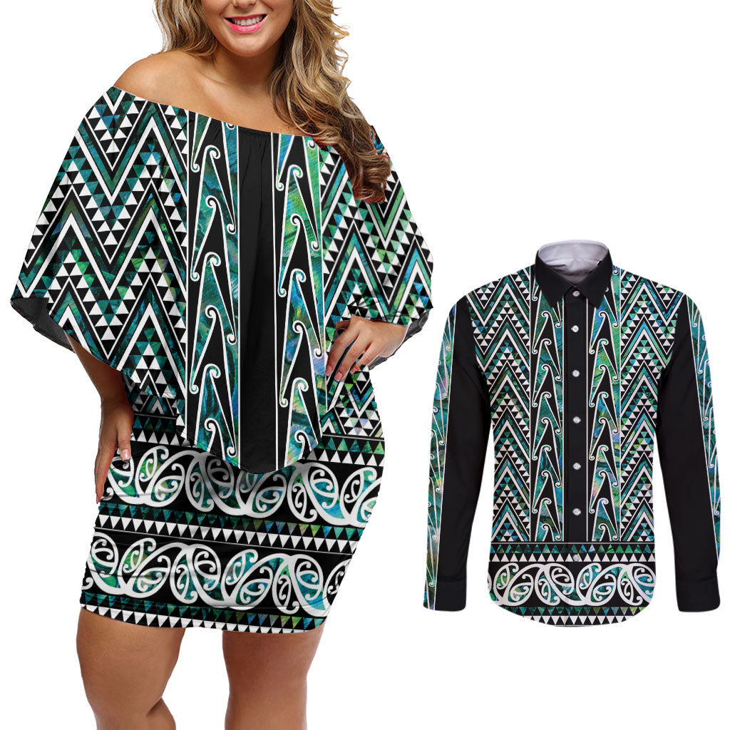 New Zealand Maori Niho Taniwha Couples Matching Off Shoulder Short Dress and Long Sleeve Button Shirt Papua Shell - Mangopare Puhoro Pattern LT9 Green - Polynesian Pride