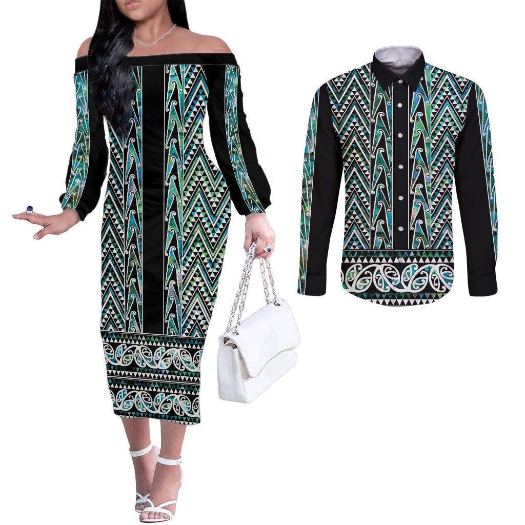 New Zealand Maori Niho Taniwha Couples Matching Off The Shoulder Long Sleeve Dress and Long Sleeve Button Shirt Papua Shell - Mangopare Puhoro Pattern