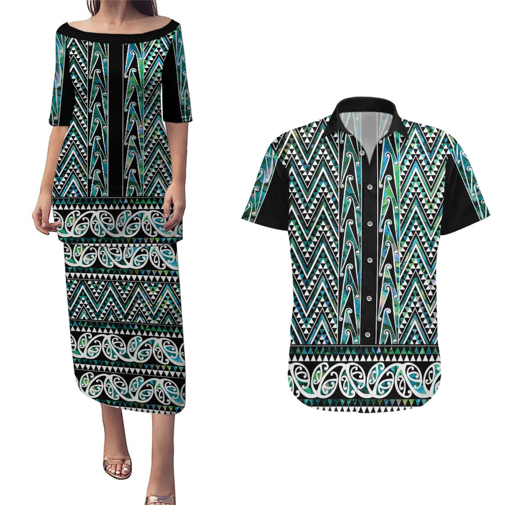 New Zealand Maori Niho Taniwha Couples Matching Puletasi and Hawaiian Shirt Papua Shell - Mangopare Puhoro Pattern LT9 Green - Polynesian Pride