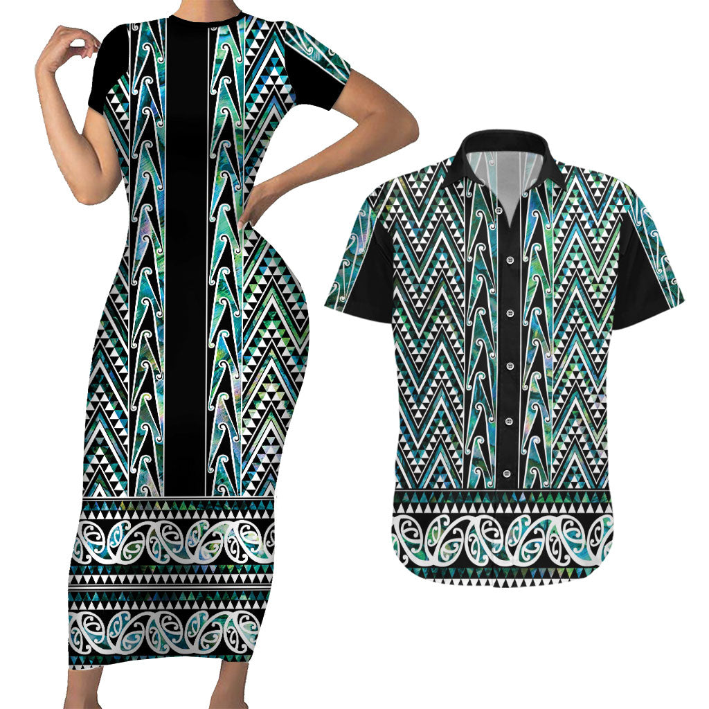 New Zealand Maori Niho Taniwha Couples Matching Short Sleeve Bodycon Dress and Hawaiian Shirt Papua Shell - Mangopare Puhoro Pattern