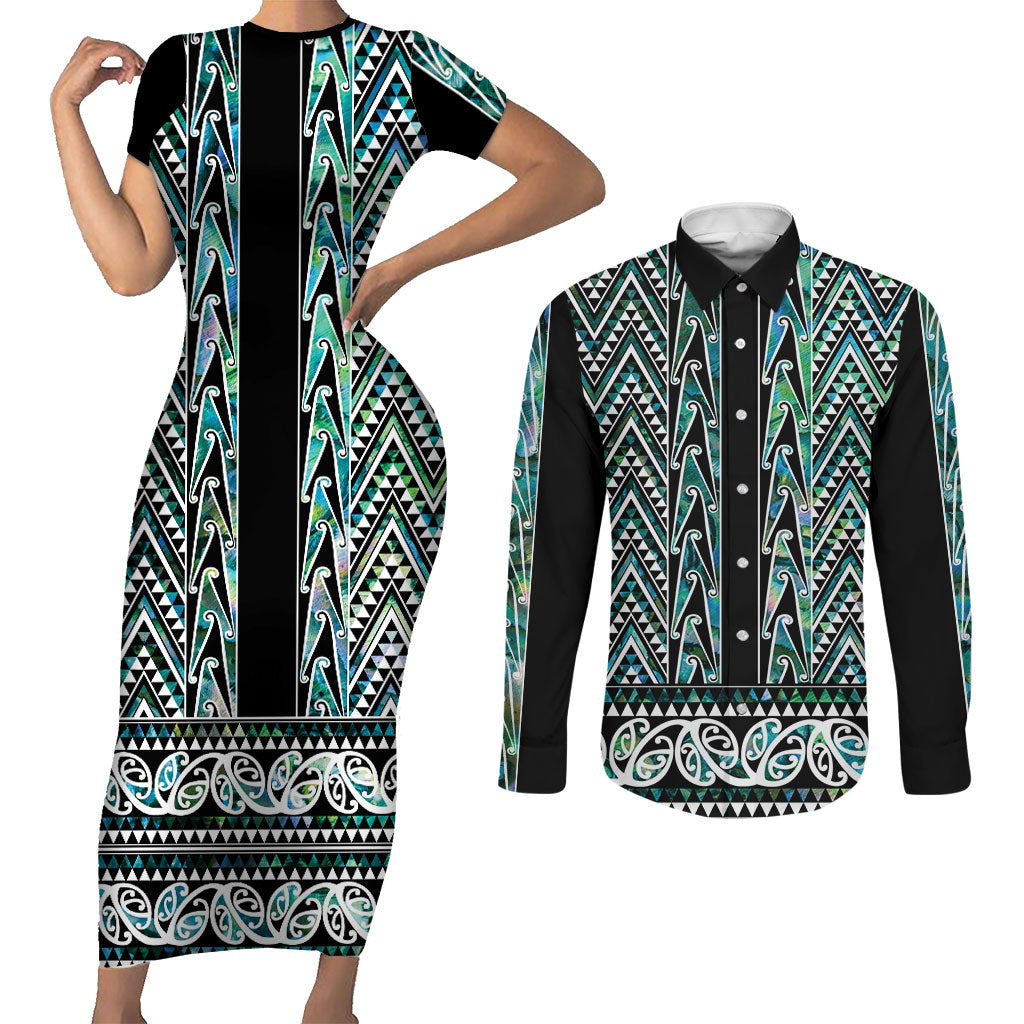New Zealand Maori Niho Taniwha Couples Matching Short Sleeve Bodycon Dress and Long Sleeve Button Shirt Papua Shell - Mangopare Puhoro Pattern LT9 Green - Polynesian Pride
