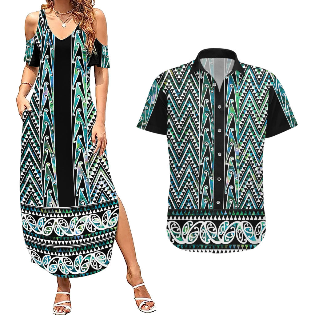 New Zealand Maori Niho Taniwha Couples Matching Summer Maxi Dress and Hawaiian Shirt Papua Shell - Mangopare Puhoro Pattern LT9 Green - Polynesian Pride