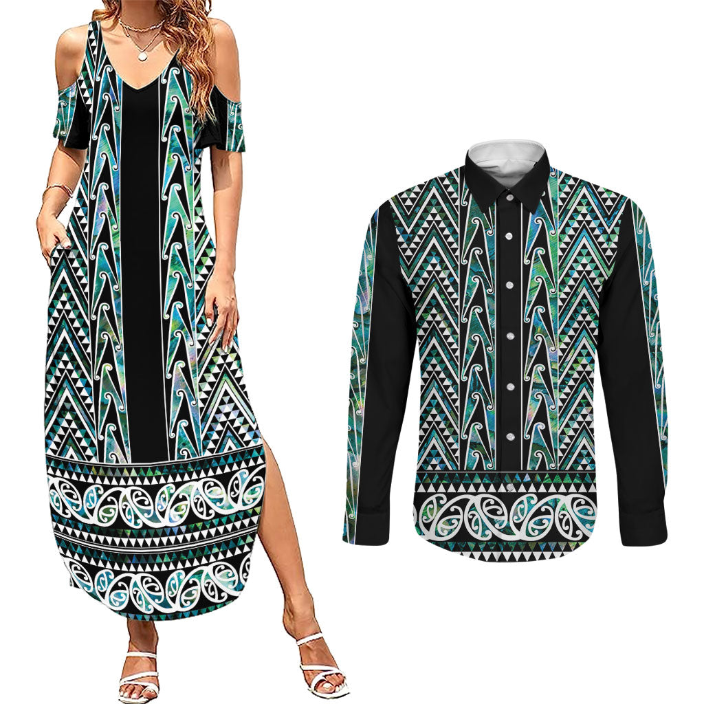 New Zealand Maori Niho Taniwha Couples Matching Summer Maxi Dress and Long Sleeve Button Shirt Papua Shell - Mangopare Puhoro Pattern LT9 Green - Polynesian Pride