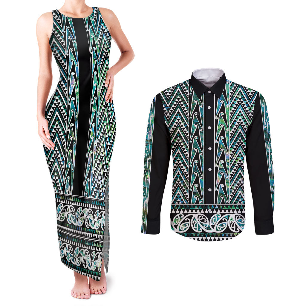New Zealand Maori Niho Taniwha Couples Matching Tank Maxi Dress and Long Sleeve Button Shirt Papua Shell - Mangopare Puhoro Pattern