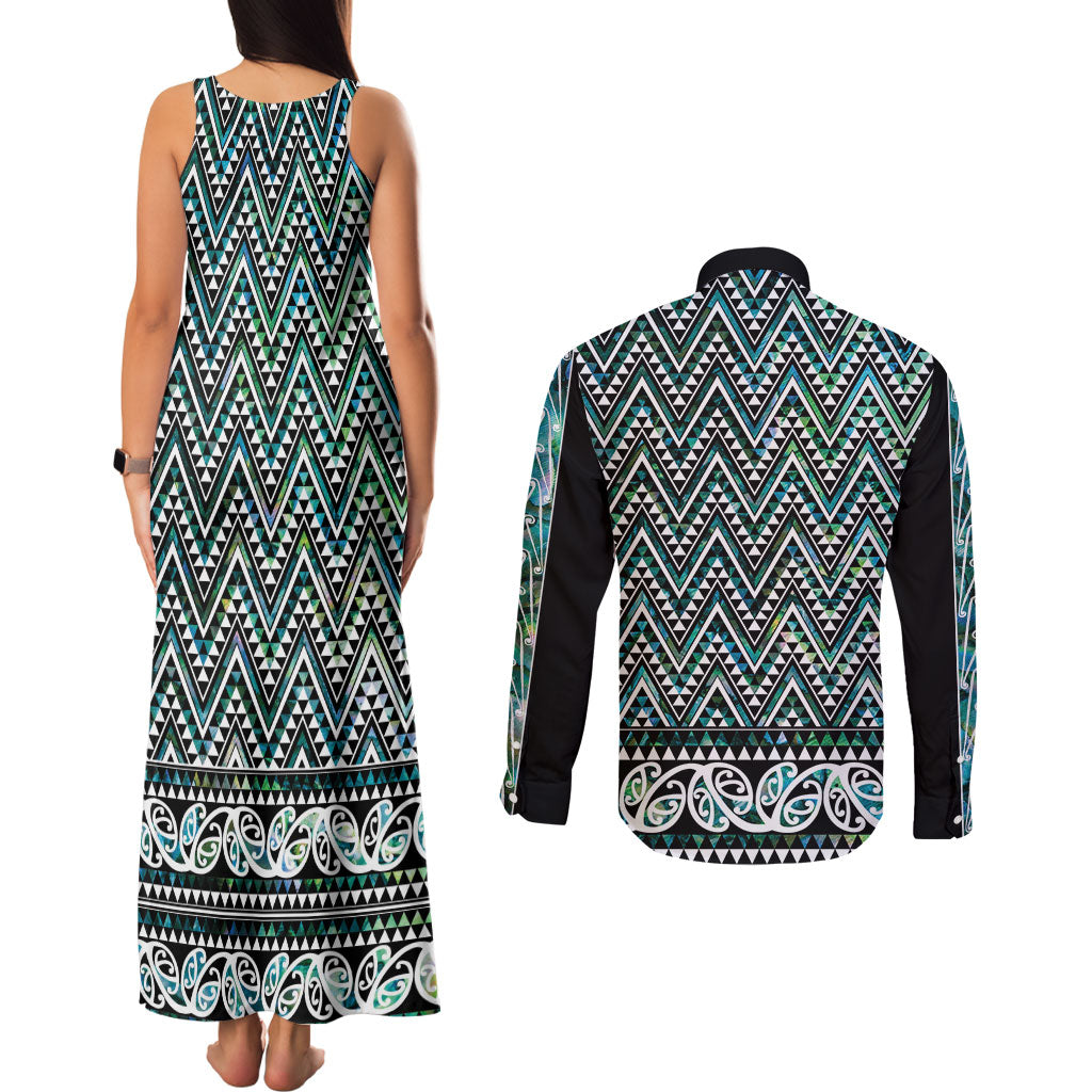 New Zealand Maori Niho Taniwha Couples Matching Tank Maxi Dress and Long Sleeve Button Shirt Papua Shell - Mangopare Puhoro Pattern