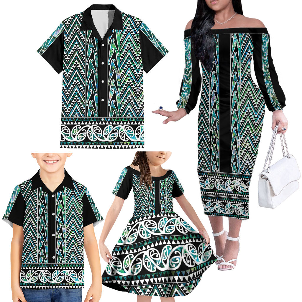 New Zealand Maori Niho Taniwha Family Matching Off The Shoulder Long Sleeve Dress and Hawaiian Shirt Papua Shell - Mangopare Puhoro Pattern LT9 - Polynesian Pride