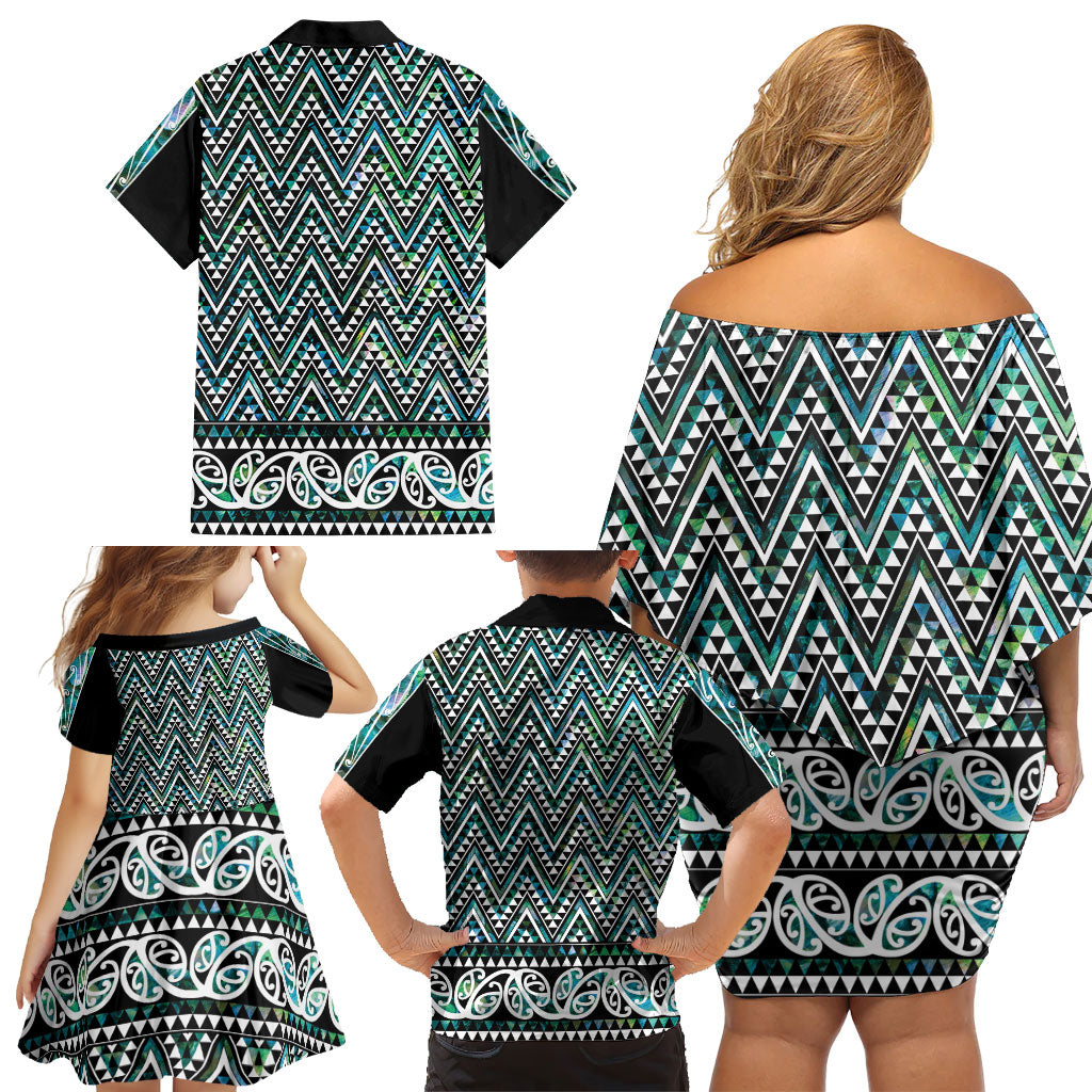 New Zealand Maori Niho Taniwha Family Matching Off Shoulder Short Dress and Hawaiian Shirt Papua Shell - Mangopare Puhoro Pattern