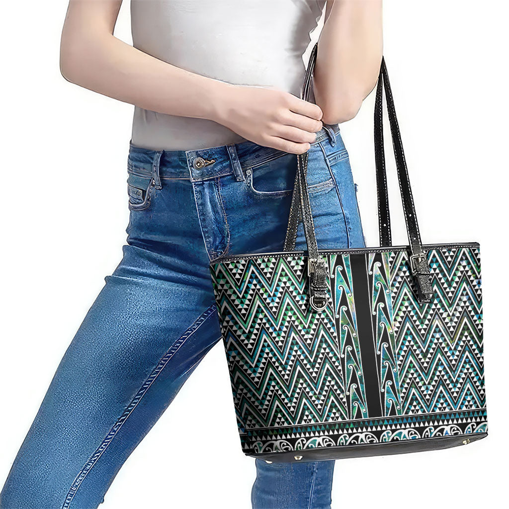New Zealand Maori Niho Taniwha Leather Tote Bag Papua Shell - Mangopare Puhoro Pattern
