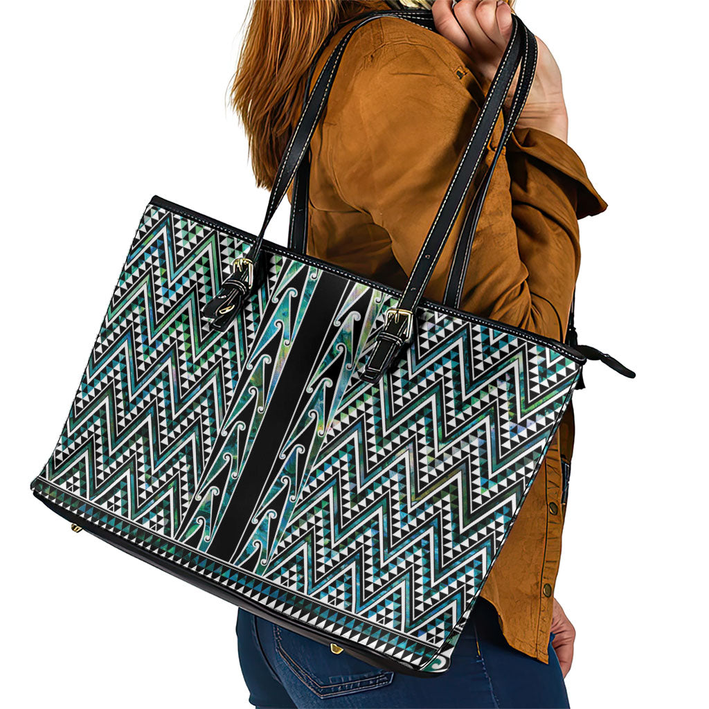 New Zealand Maori Niho Taniwha Leather Tote Bag Papua Shell - Mangopare Puhoro Pattern