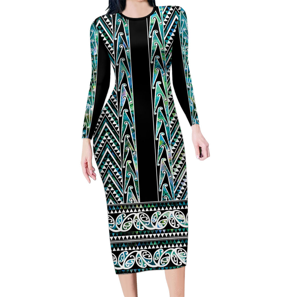 New Zealand Maori Niho Taniwha Long Sleeve Bodycon Dress Papua Shell - Mangopare Puhoro Pattern