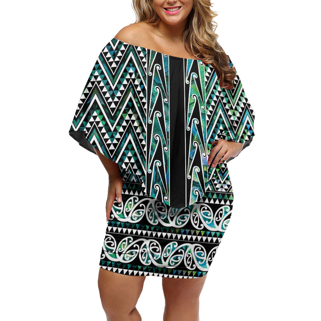 New Zealand Maori Niho Taniwha Off Shoulder Short Dress Papua Shell - Mangopare Puhoro Pattern LT9 Women Green - Polynesian Pride