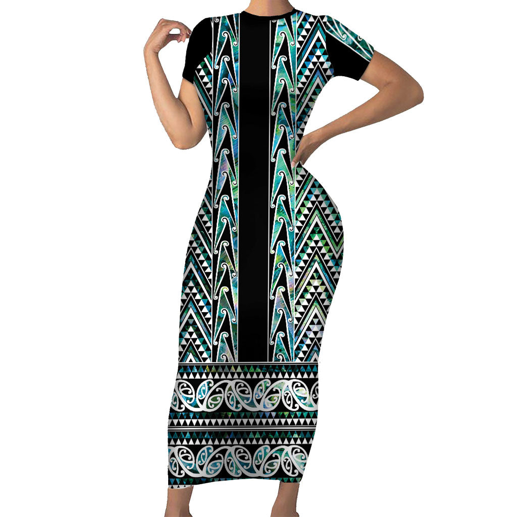 New Zealand Maori Niho Taniwha Short Sleeve Bodycon Dress Papua Shell - Mangopare Puhoro Pattern LT9 Long Dress Green - Polynesian Pride