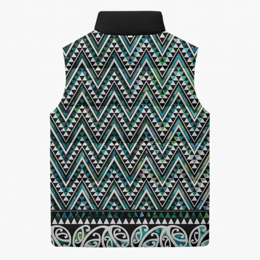 New Zealand Maori Niho Taniwha Sleeveless Puffer Jacket Papua Shell - Mangopare Puhoro Pattern