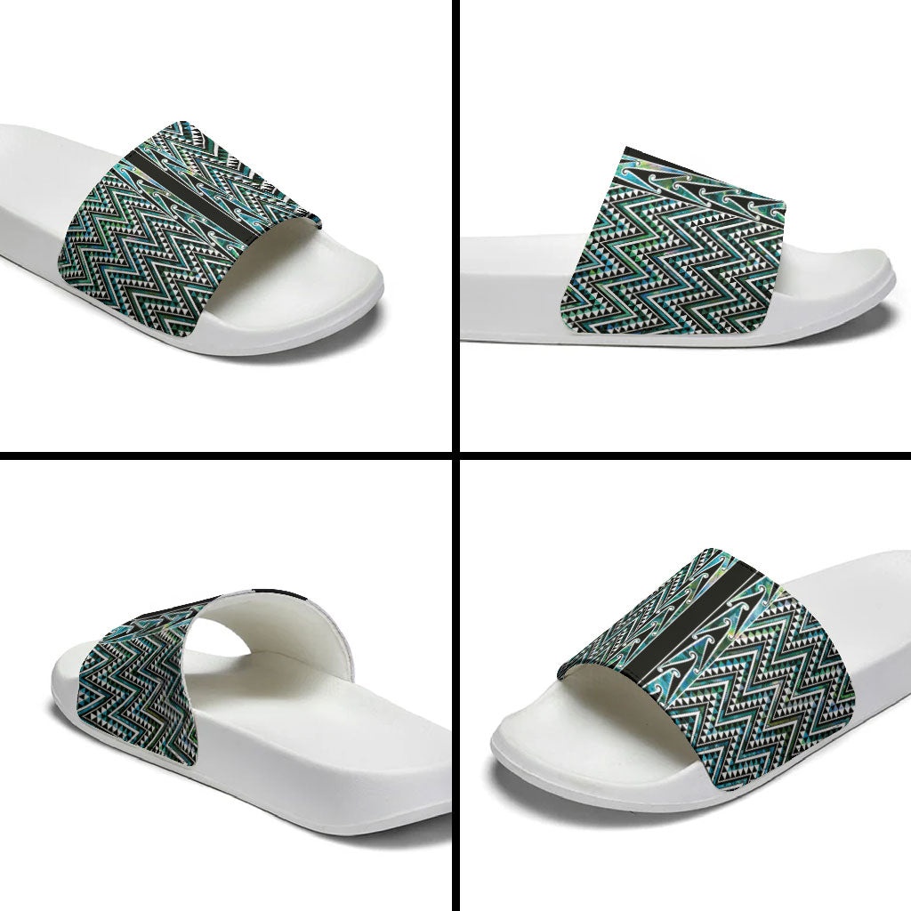 New Zealand Maori Niho Taniwha Slide Sandals Papua Shell - Mangopare Puhoro Pattern