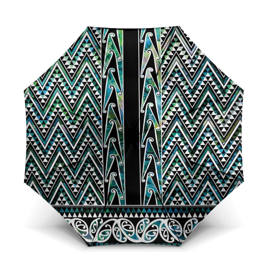 New Zealand Maori Niho Taniwha Umbrella Papua Shell - Mangopare Puhoro Pattern LT9 One Size Folded 11.42 inch Opened Diameter 37.4 inch Green - Polynesian Pride